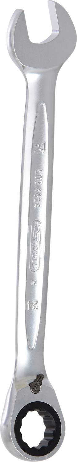 Ein Ringschlüssel mit Ratschenmechanismus aus silbernem Metall. Der Schlüssel ist eine Kombination aus Maul- und Ringschlüssel.