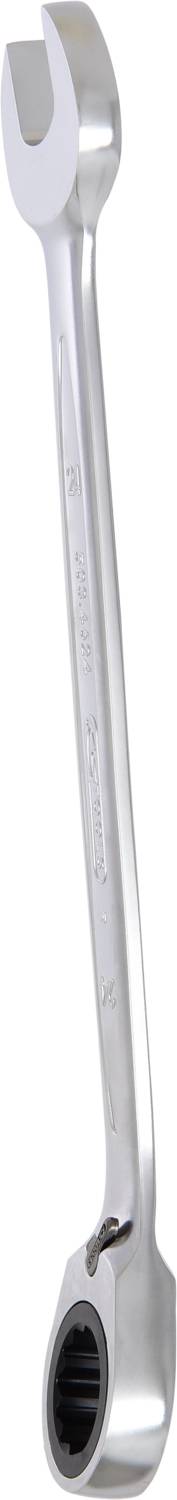 Ein einzelner Kombinationsschlüssel, bestehend aus einem offenen Maul- und einem Ringschlüssel, liegt auf einer weißen Oberfläche.