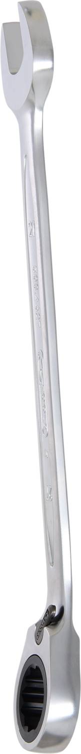 Ein silberner Ratschenschlüssel mit einem offenen Ende oben und einem geschlossenen, geriffelten Ende unten. Optimal für Schraubarbeiten.