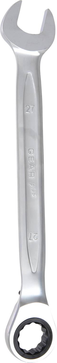 Ein silberner Maulschlüssel mit Ratschenmechanismus, Größe 21 mm, aus Metall. Hauptsächlich für mechanische Arbeiten verwendet.