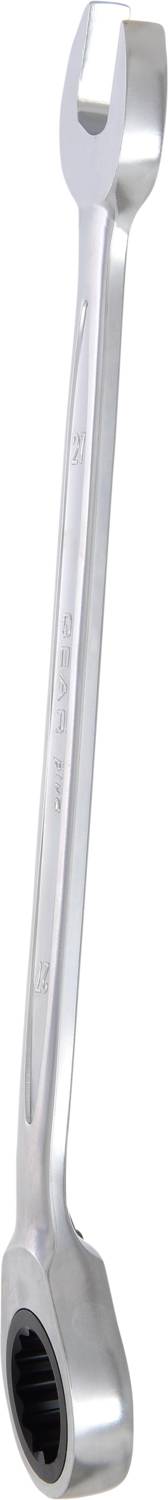 Ein silberner Ringmaulschlüssel mit offener und geschlossener Seite, leicht schräg nach oben zeigend. Werkzeug für mechanische Arbeiten.