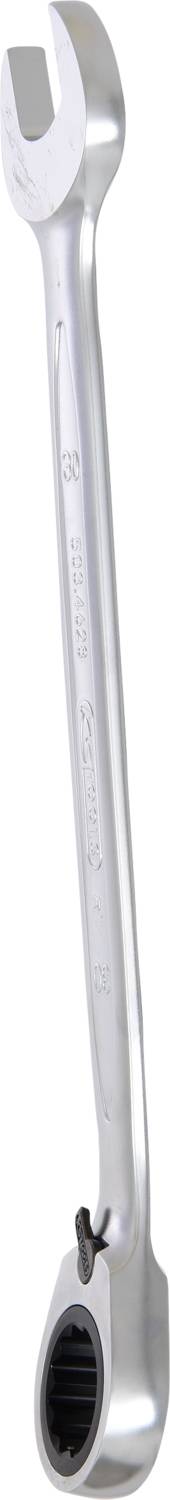 Ratschenschlüssel mit offenem Ende und Ratschenring am anderen Ende, geeignet für verschiedene Schraubengrößen.