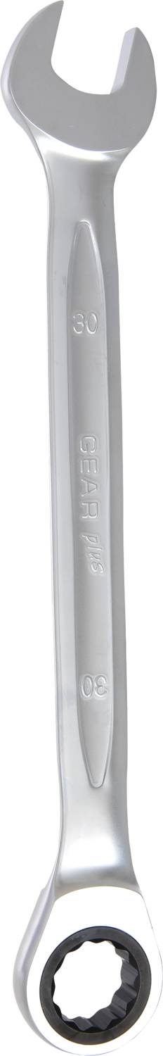 Ein silberner Ring-Maulschlüssel mit offener und Ratschen-Seite, verwendet für Schraubarbeiten.