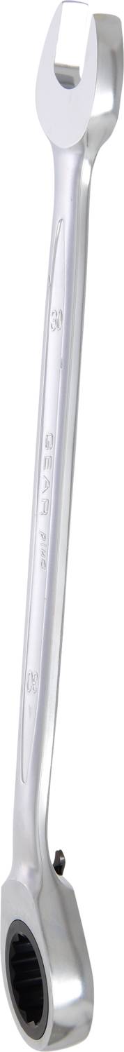 Ein silberner Ringschlüssel mit Ratschenfunktion, der sowohl eine offene als auch eine geschlossene Ringseite hat.