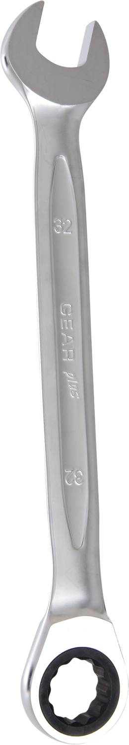 Ein silberner Maulschlüssel mit einer offenen und einer geschlossenen Ratschenkopf-Seite, geeignet zum Anziehen von Schrauben.