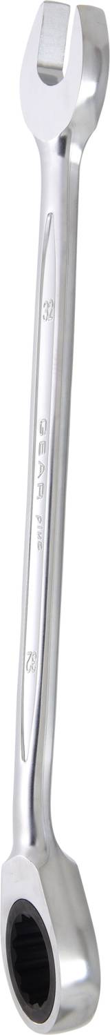 Ein silberner Schraubenschlüssel mit einem offenen Ende und einem Ringende, geeignet zum Anziehen oder Lösen von Muttern und Schrauben.