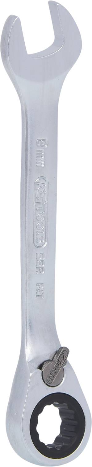 Offener Ringschlüssel mit an einem Ende einem offenen Maul und am anderen einem Ratschenring, aus silbernem Metall, Beschriftung '8 mm'.