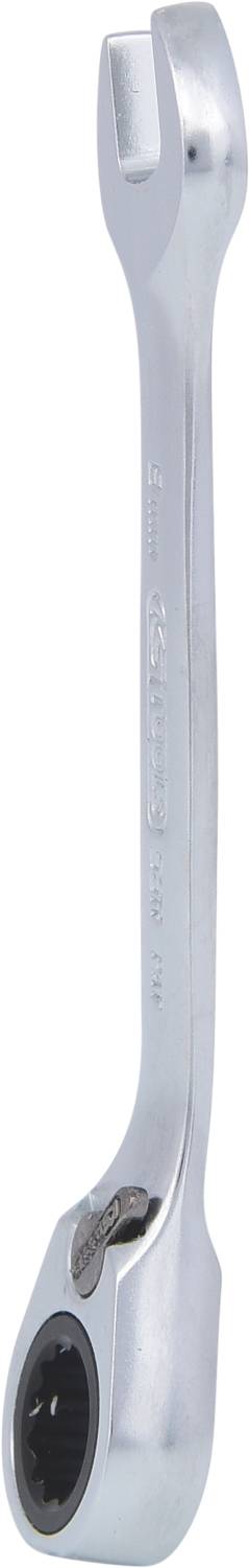 Ein silberner Ratschenringschlüssel mit offenem Maul an einem Ende und einer Ratschenfunktion am anderen Ende.