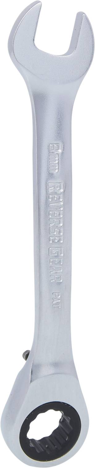 Ein silberner Maulschlüssel mit Ratschenfunktion, gezeigt in vertikaler Ausrichtung, geeignet für Drehmomentschrauben.