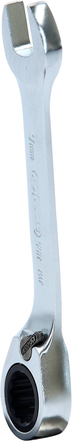 Ein silberner Maulschlüssel mit Ratschenmechanismus am einen Ende, zur Arbeit an Muttern und Schrauben.