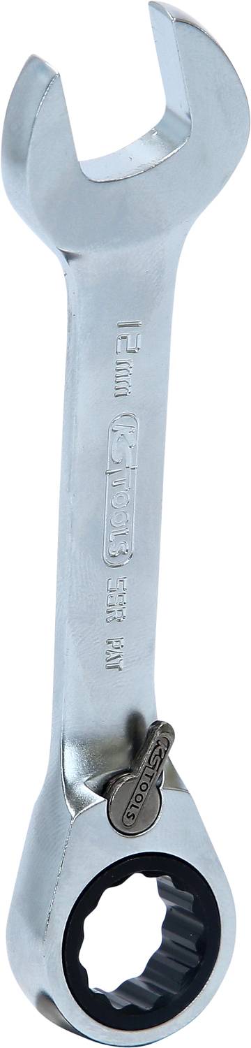 Silberner Maul-Ring-Schlüssel mit Ratschenmechanismus, geeignet für verschiedene Schraubarbeiten.