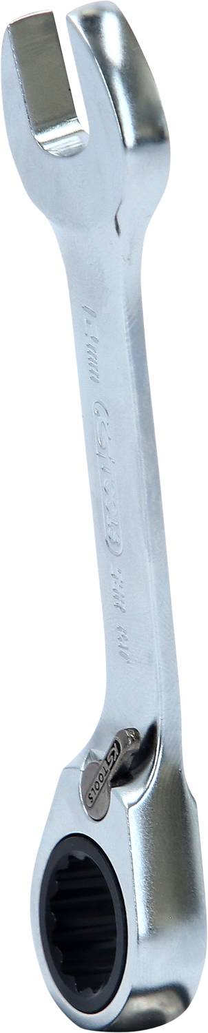 Ein verstellbarer Schraubenschlüssel aus Metall, links offen mit einem Ratschenmechanismus auf der rechten Seite, für mechanische Arbeiten.