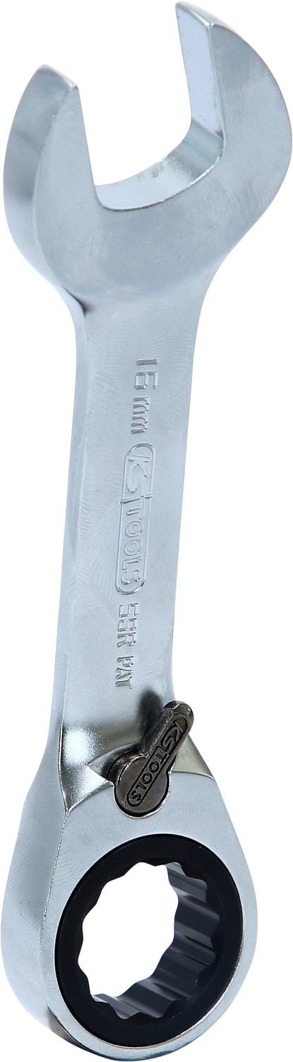 Ein silberner Schraubenschlüssel mit einer offenen und einer Ratschenringseite, Größe 15 mm, abgebildet auf weißem Hintergrund.