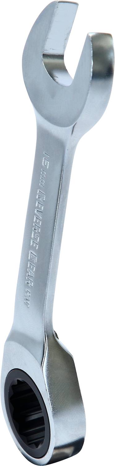 Ein metallener Ringschlüssel mit offenem Maul und Ring auf gegenüberliegenden Seiten, verwendet zum Anziehen oder Lösen von Schrauben.