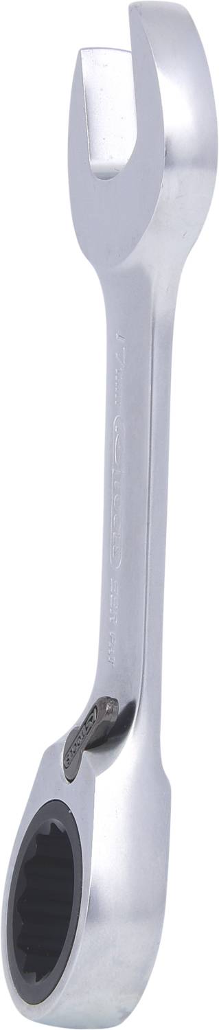 Ein verchromter Ringschlüssel mit Ratschenfunktion, geeignet für Arbeiten mit Schrauben und Muttern in beengten Raumverhältnissen.