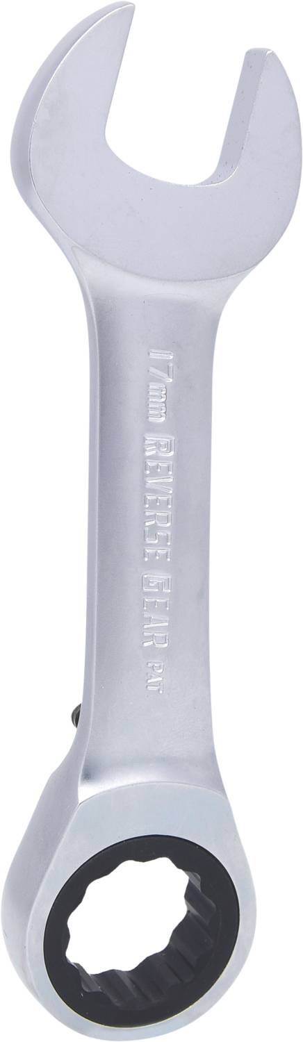Ein silberner Ringschlüssel mit Gabelkopf und Ratschenmechanismus, auf dem '17 mm' eingeprägt ist.