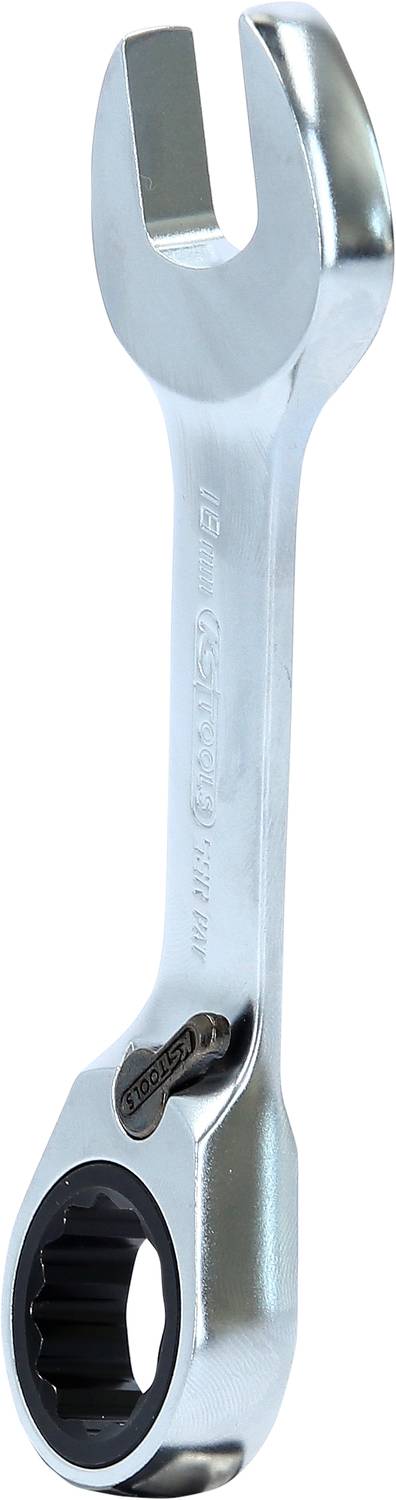 Silberner Maulschlüssel mit Ratschenfunktion, offen an einem Ende und ringförmig am anderen. Werkzeug zur sicheren Befestigung von Muttern und Schrauben.