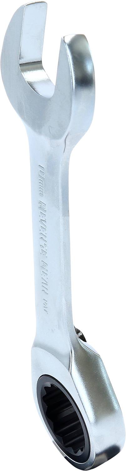 Ein silberner Maulschlüssel aus Metall mit Ratschenmechanismus.