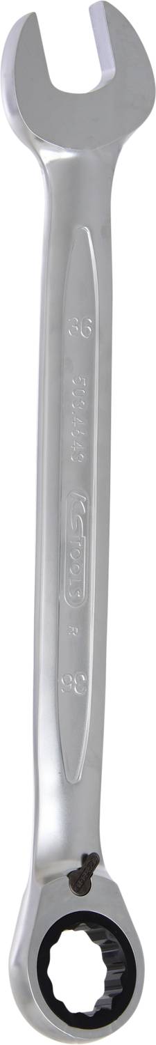 Ein silberner Maulschlüssel mit Ratschenfunktion und einem offenen Ende, geeignet für verschiedene Schraubengrößen.