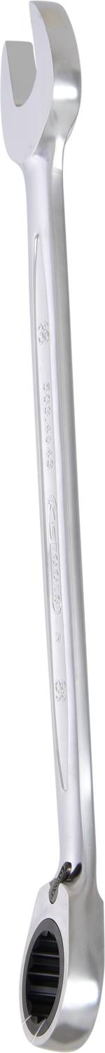 Ein silberner Schraubenschlüssel mit einem offenen und einem Ringschlüsselende, aufrecht stehend.