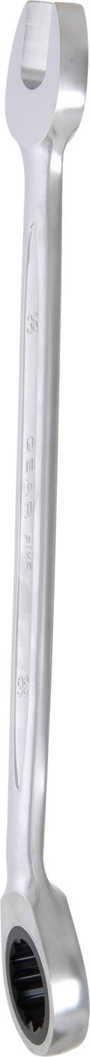 Ein silberner Ringschlüssel mit einer offenen und einer geschlossenen Seite, verwendet zum Drehen von Muttern und Schrauben unterschiedlicher Größe.