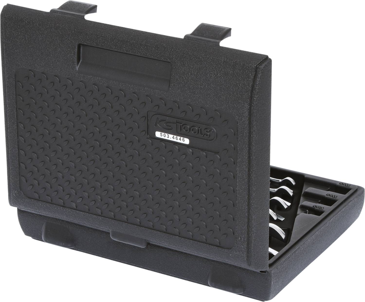 Ein geöffneter schwarzer Werkzeugkoffer mit sichtbaren, geordneten Schraubenschlüsseln innen. Der Deckel ist hochgeklappt.