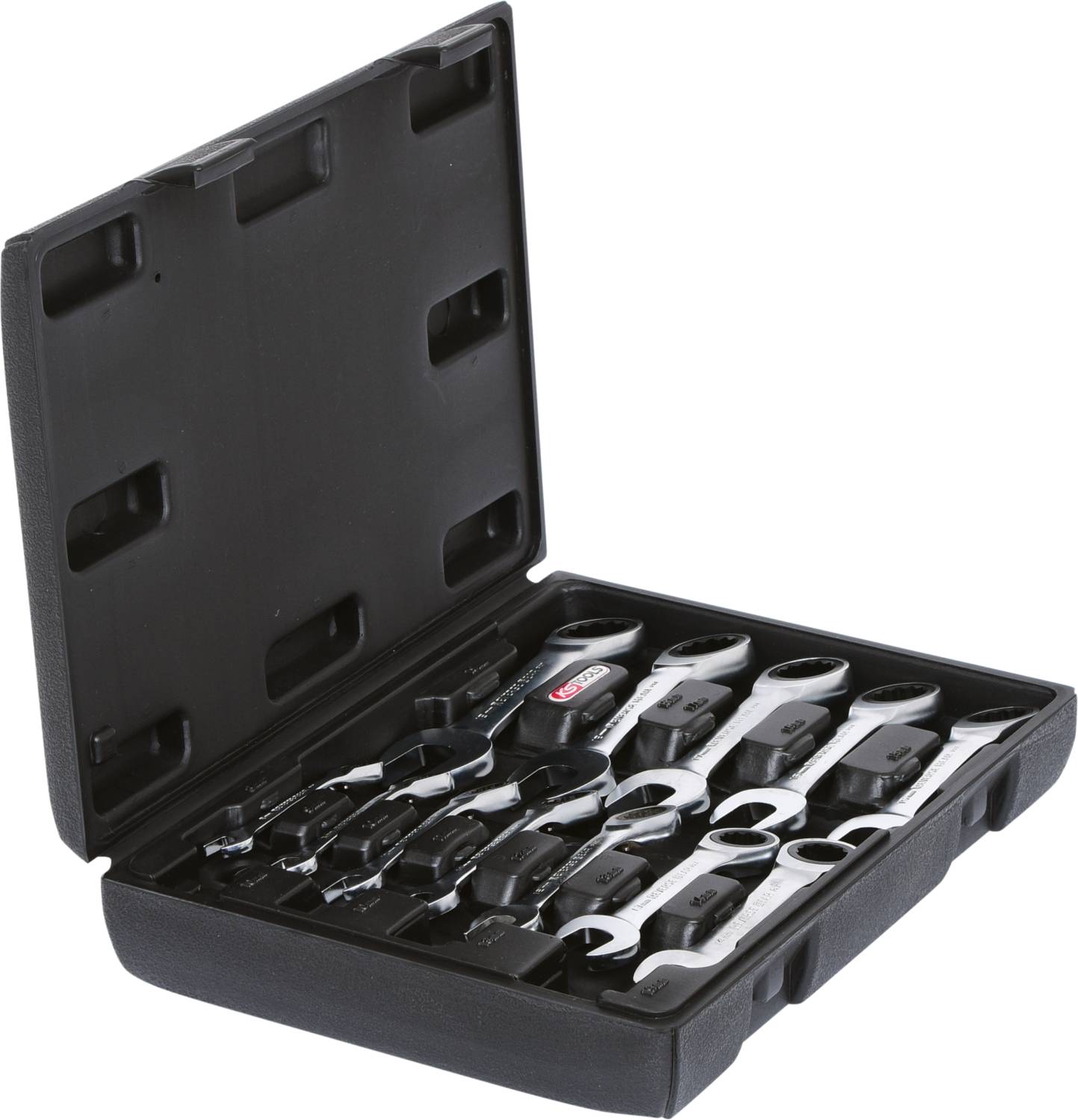 Ein offener Werkzeugkoffer mit verschiedenen Schraubenschlüsseln und einem kleinen Werkzeug.