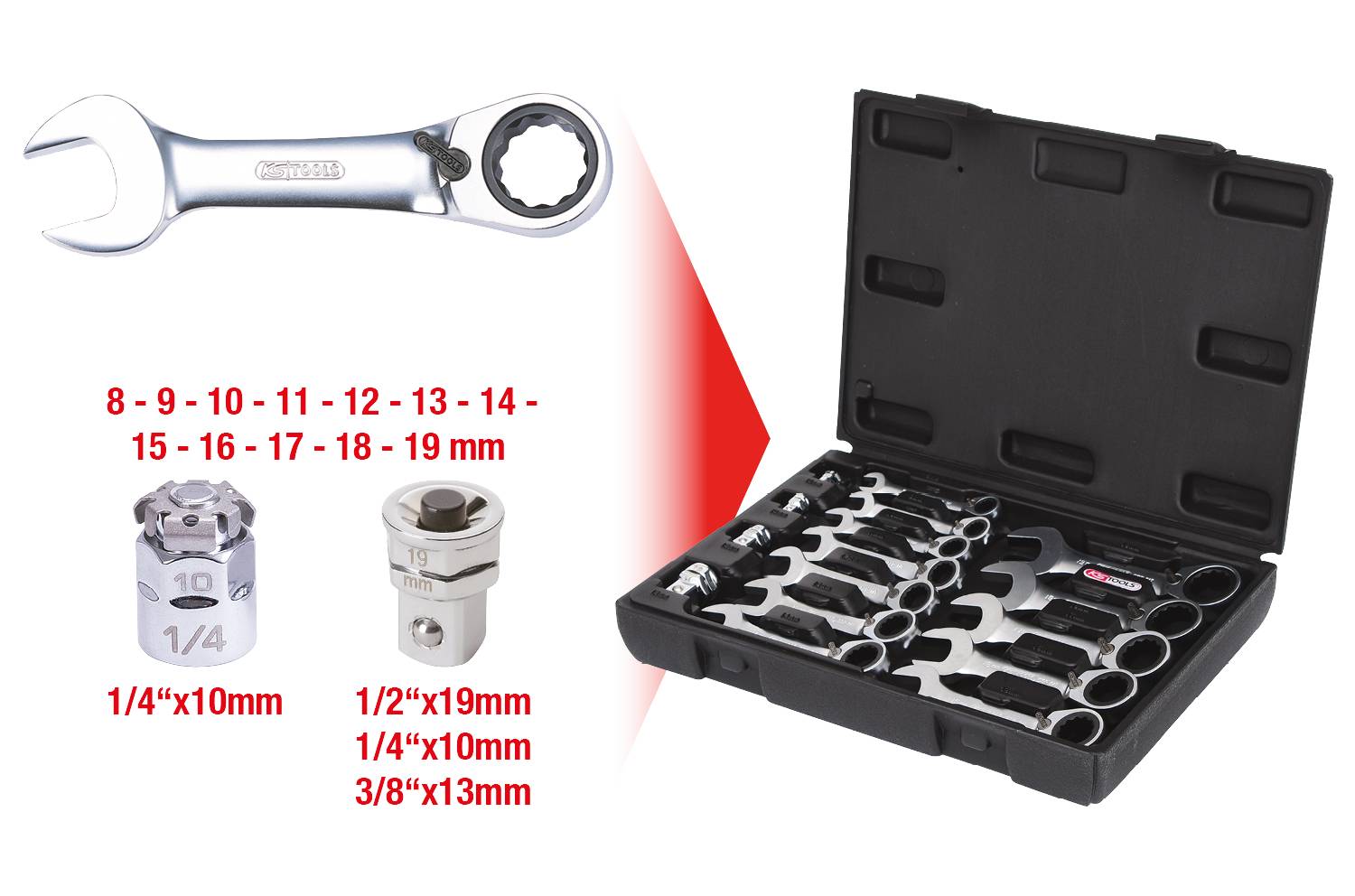 Ein Ratschenringschlüssel-Set in einem schwarzen Koffer mit Größen von 8 bis 19 mm, inklusive Adapter für verschiedene Schrauben.