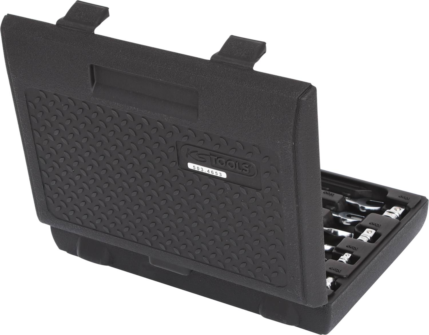 Schwarzer Werkzeugkoffer mit verschiedenen Steckschlüsseln, geöffnet zeigt er verschiedene Größen, geeignet für mechanische Arbeiten.