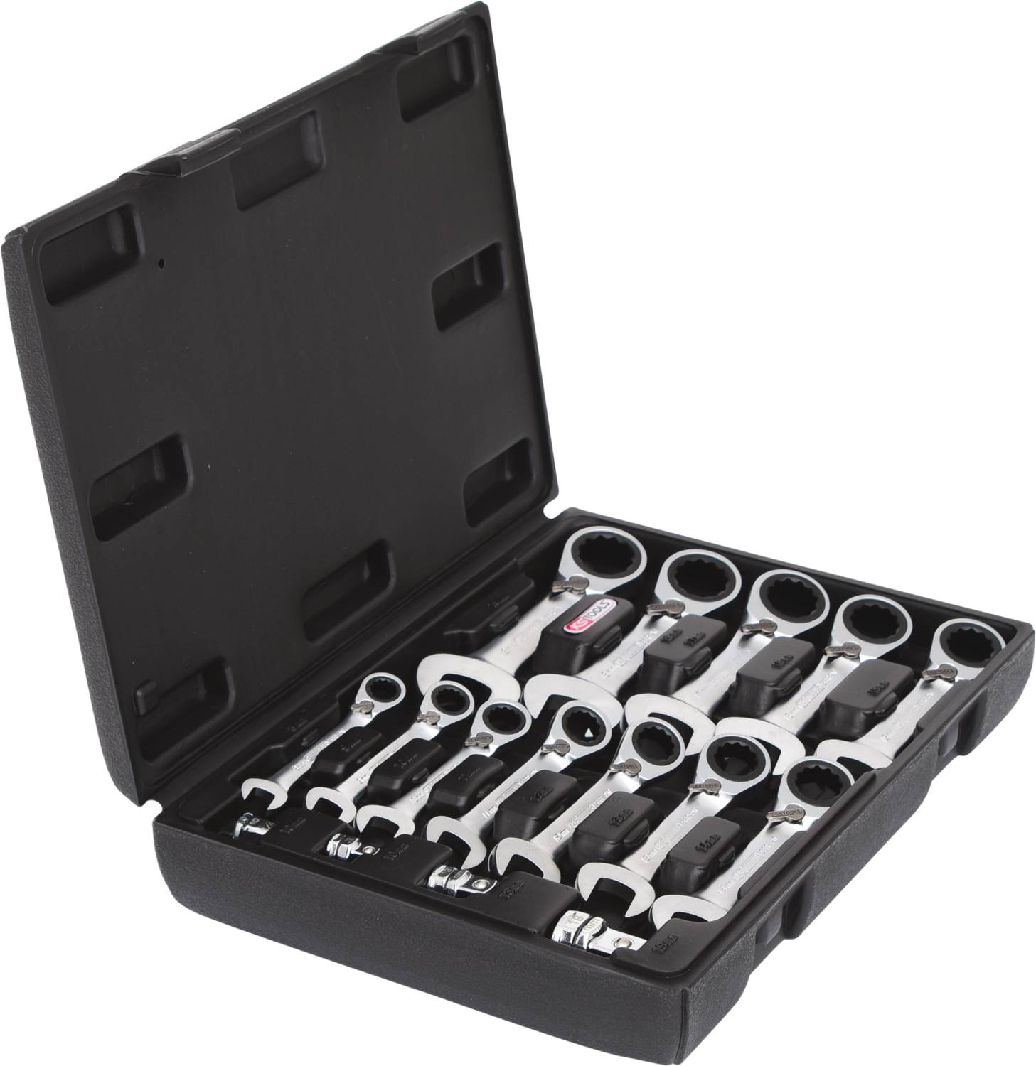 Ein geöffneter Werkzeugkoffer mit elf Steckschlüsseln verschiedener Größen, ordentlich in Schaumstoffeinlagen angeordnet.