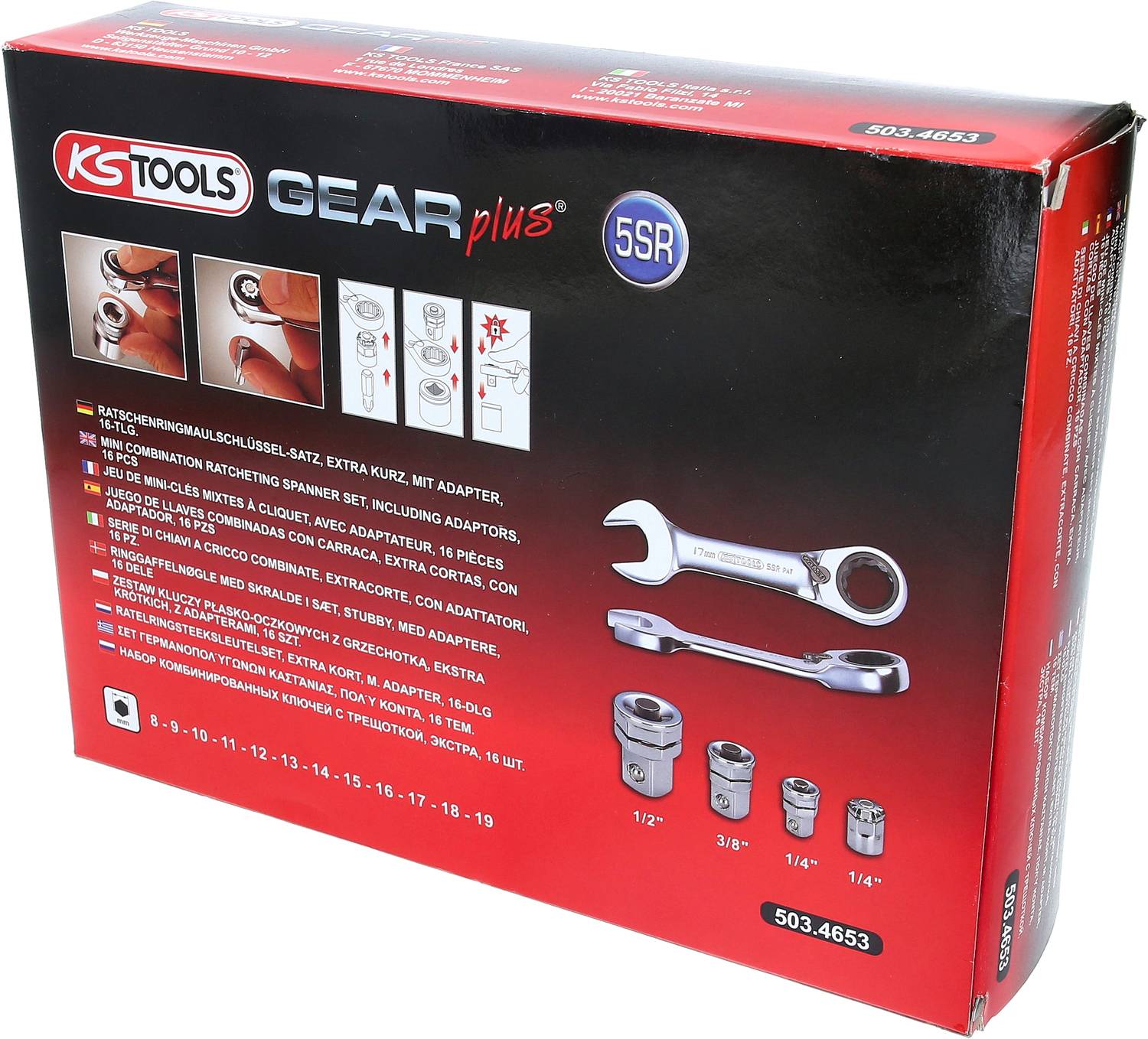 'KS Tools GEARplus 5SR' Ratschen-Schlüssel-Set Verpackung mit Bildern von Werkzeugen und technischen Details in mehreren Sprachen.