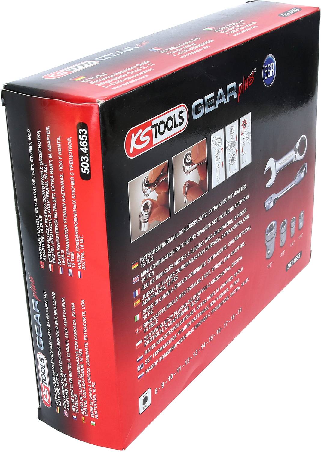 Verpackung eines Ratschenringschlüsselsatzes von KS Tools mit Abbildungen der Werkzeuge, Modellnummer 503.4653, mehrsprachige Informationen.