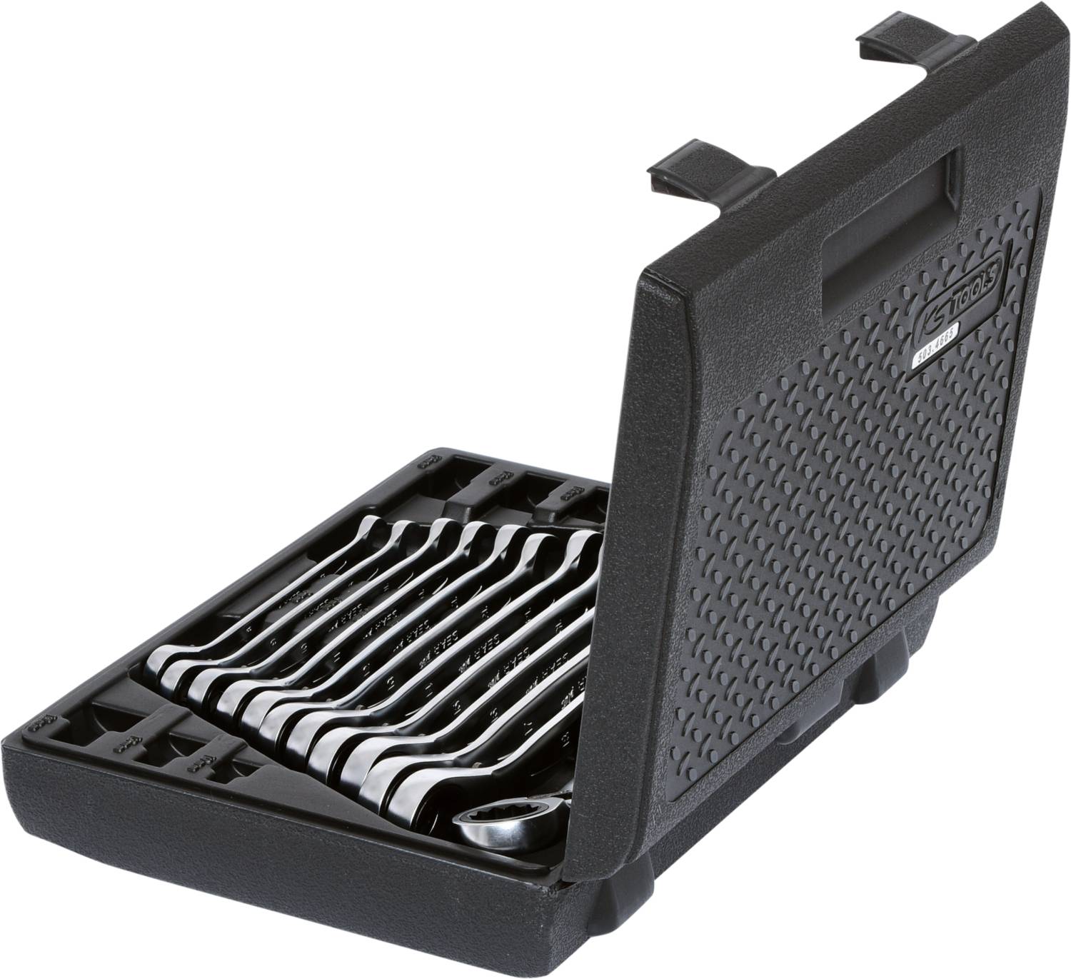 Ein offener schwarzer Werkzeugkasten zeigt eine Reihe von neun Schraubenschlüsseln in verschiedenen Größen, ordentlich angeordnet.