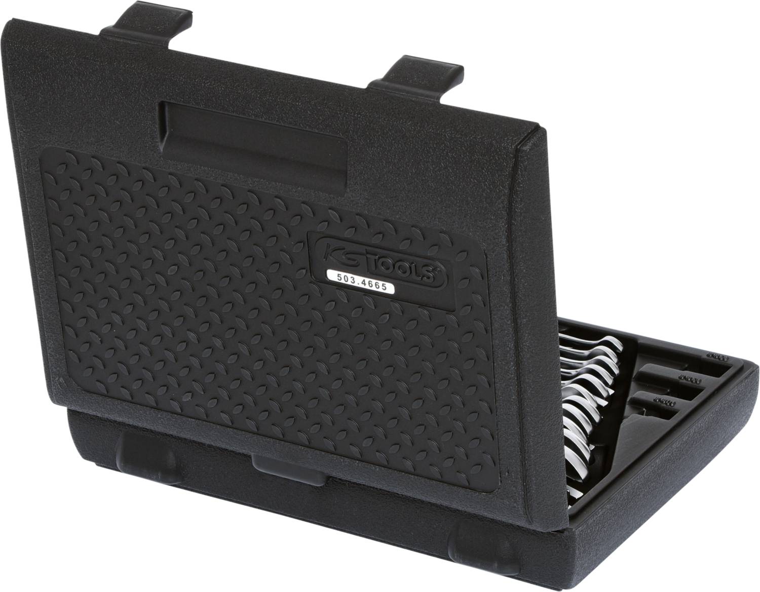 Ein schwarzer, geöffneter Werkzeugkasten mit mehreren ordentlichen Schraubenschlüsseln in verschiedenen Größen sichtbar.