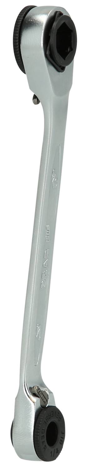 Silberner Ratschen-Schlüssel mit zwei unterschiedlich großen Stecknüssen an den Enden.