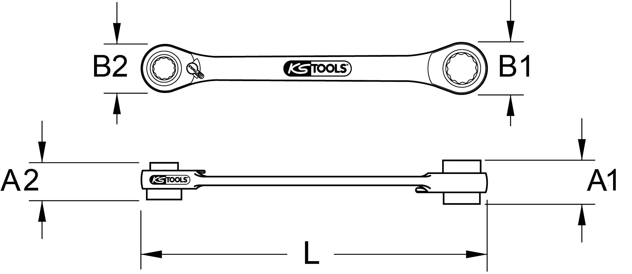 Tecnische Zeichnung eines Ringmaulschlüssels von KS Tools. Maße: B1, B2, A1, A2, L. Vorder- und Seitenansicht gezeigt.