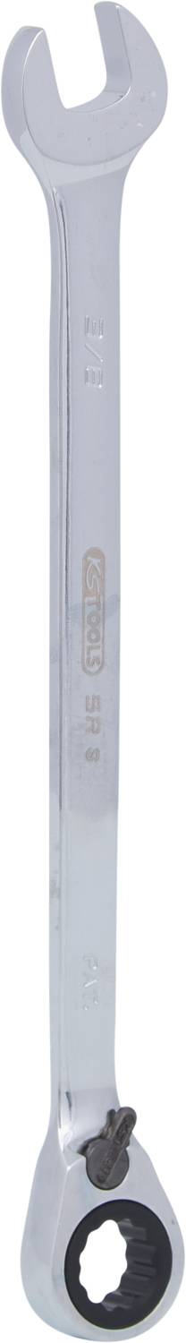 Offener Schraubenschlüssel mit Ratschenmechanismus, silbern glänzend. Eignet sich zum Festziehen oder Lösen von Schrauben.