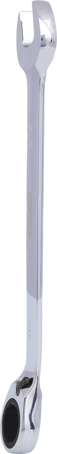 Ein silberner Ringschlüssel, oben mit offener Gabel und unten mit einem runden, geriffelten Ende, vertikal ausgerichtet.