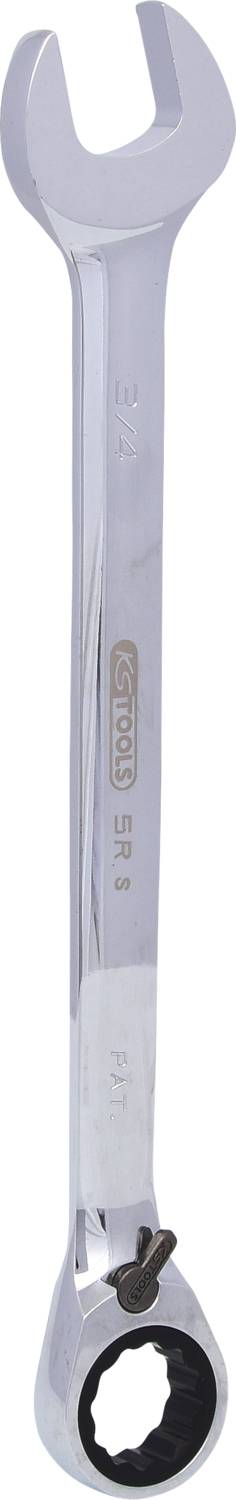 Ein glänzender, silberner Schraubenschlüssel mit offener und Ringschlüssel-Seite, liegend, auf weißem Hintergrund.