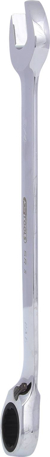 Ein silberner Ringschlüssel mit offener und geschlossener Seite, geeignet zum Festziehen oder Lösen von Schrauben und Muttern.