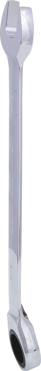 Ein verchromter Ratschenschlüssel mit offenem Maul, mittlerer Größe.