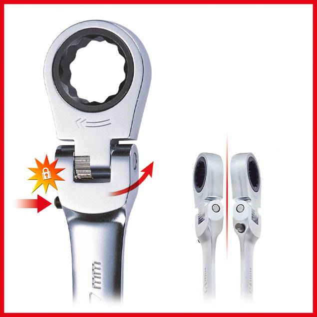 Umschaltbare Ratsche mit Feststellmechanismus, 17 mm, vorwärts- und rückwärts drehbar. Sicherheitsanzeige leuchtet bei Verriegelung.