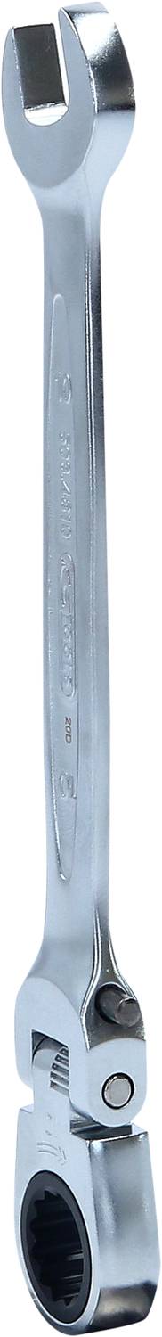 Ein verstellbarer Ringschlüssel aus Metall mit einem offenen Ende und einem Ratschenmechanismus am anderen Ende, verwendet für Schraubarbeiten.