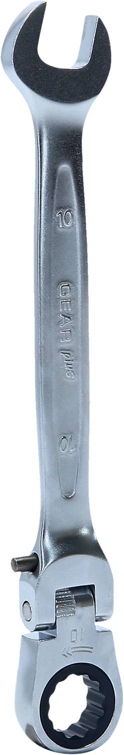 Ein silberner Schraubenschlüssel mit offener und geschlossener Maulseite, geeignet für Muttern oder Schrauben der Größe 10.