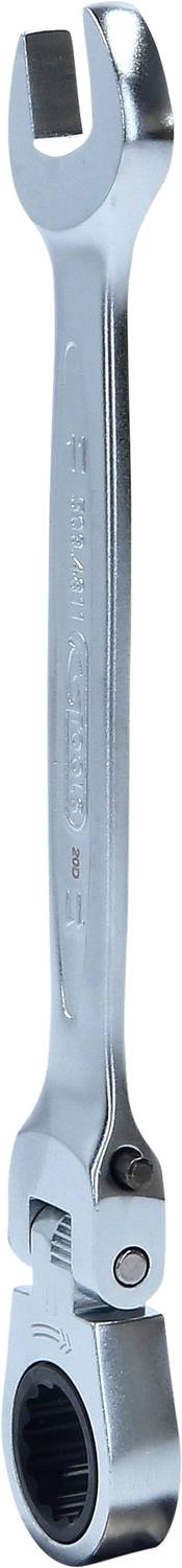Ein verstellbarer Schraubenschlüssel aus Metall mit einer offenen und einer Ratschenöffnung am jeweils anderen Ende, isoliert vor weißem Hintergrund.