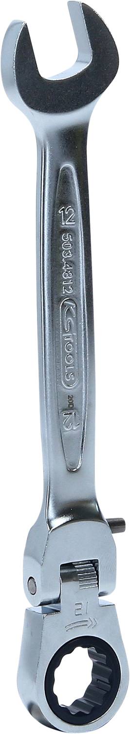 Offener Ringschlüssel mit Gelenkmechanismus, aus Metall, geeignet für die Größe 12, aufrecht dargestellt.