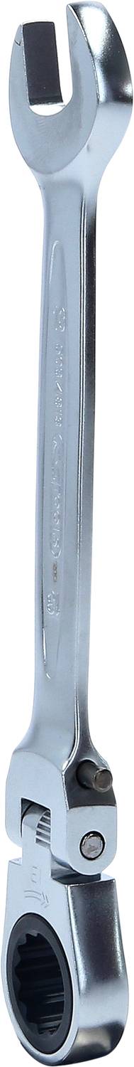 Ein silberner Schraubenschlüssel mit Ratschenmechanismus, der zum Festziehen oder Lösen von Schrauben verwendet wird.