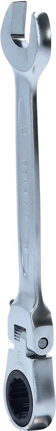 Ein silberner Maul-Ringschlüssel mit Ratschenfunktion, vertikal ausgerichtet. Geeignet zur Befestigung und Lockerung von Schraubenmuttern.