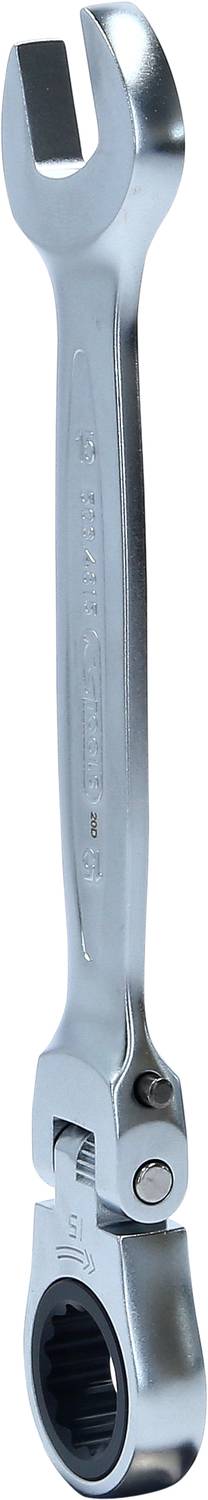 Maulschlüssel mit Ratschenfunktion, silbern, in Nahaufnahme; zeigt Mechanismus zum schnellen Anziehen oder Lösen von Schraubverbindungen.