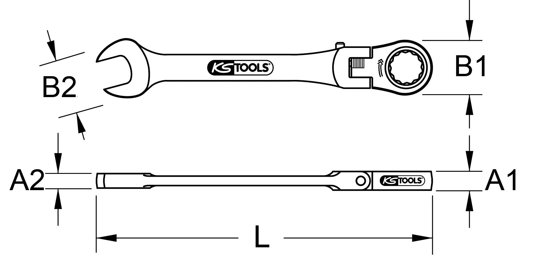 Ratschenringschlüssel von KS Tools, oben Ansicht von vorn und unten seitliche Ansicht, zeigt Maße B1, B2, A1, A2, und L.